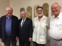 Peter Jacobson, TBS president, 1971-1973, spoke at the erev shabbat service, September 14th, shown here with Rabbi Patz and past presidents Dr Marc Schnitzer and Ron Rosenberg.